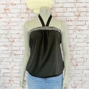 MKM Designs Black Sequin Greek Key Meander Halter Top Lg Y2K Blouson Indie Glam